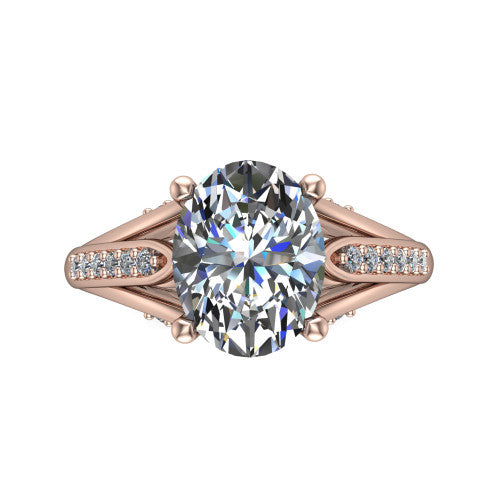 Blakely oval solitaire engagement ring in 14K Rose Gold, top-down view showing the oval center diamond and pave split shoulders from above