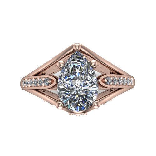 Blakely pear solitaire engagement ring in 18K Rose Gold, top-down view showing the pear center diamond and pave split shoulders from above