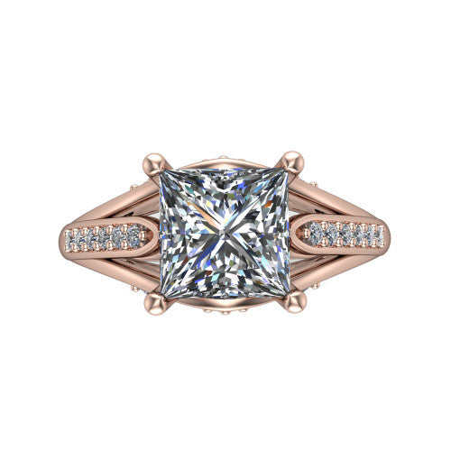 Blakely princess-cut solitaire engagement ring in 14K Rose Gold, top-down view showing the princess-cut center diamond and pave split shoulders from above