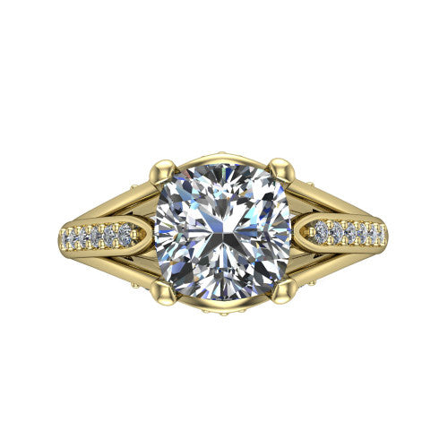 Blakely cushion solitaire engagement ring in 14K Yellow Gold, top-down view showing the cushion center diamond and pave split shoulders from above