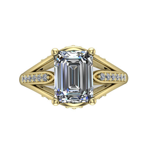 Blakely emerald-cut solitaire engagement ring in 18K Yellow Gold, top-down view showing the emerald-cut center diamond and pave split shoulders from above