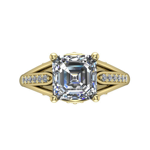 Blakely square emerald-cut solitaire engagement ring in 18K Yellow Gold, top-down view showing the square emerald-cut center diamond and pave split shoulders from above