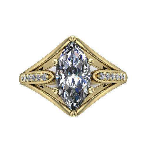 Blakely marquise solitaire engagement ring in 14K Yellow Gold, top-down view showing the marquise center diamond and pave split shoulders from above