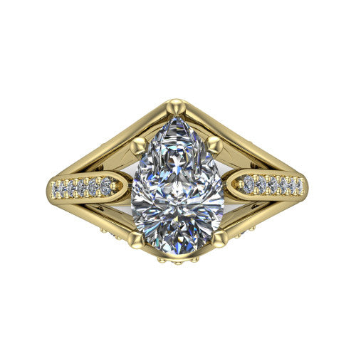 Blakely pear solitaire engagement ring in 18K Yellow Gold, top-down view showing the pear center diamond and pave split shoulders from above