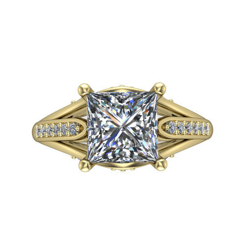 Blakely princess-cut solitaire engagement ring in 14K Yellow Gold, top-down view showing the princess-cut center diamond and pave split shoulders from above