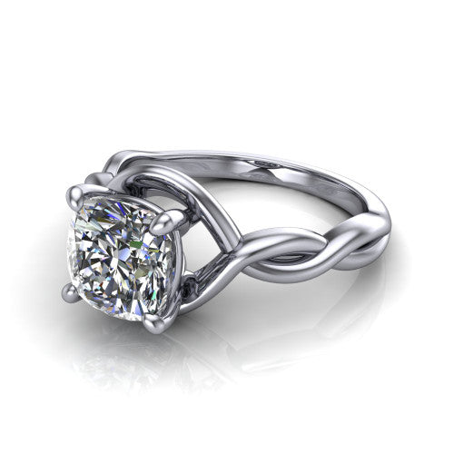 Norah cushion classic engagement ring in 14K White Gold, three-quarter perspective showing the cushion center diamond above a twisted infinity love-knot band