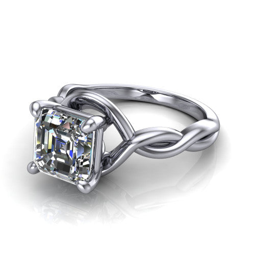 Norah square emerald-cut classic engagement ring in 18K White Gold, three-quarter perspective showing the square emerald-cut center diamond above a twisted infinity love-knot band