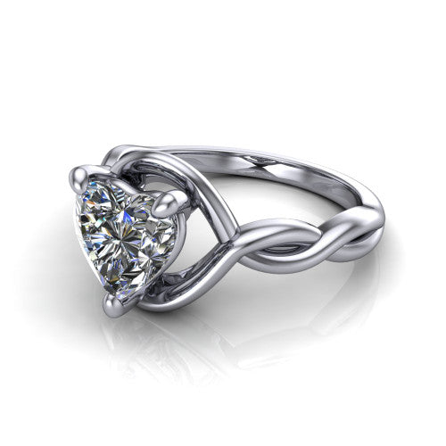 Norah heart classic engagement ring in 14K White Gold, three-quarter perspective showing the heart center diamond above a twisted infinity love-knot band