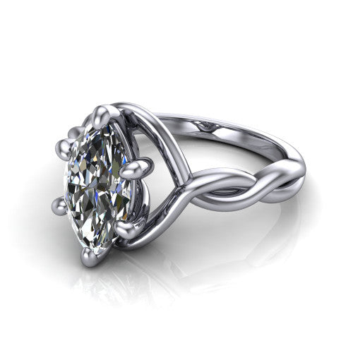 Norah marquise classic engagement ring in 18K White Gold, three-quarter perspective showing the marquise center diamond above a twisted infinity love-knot band