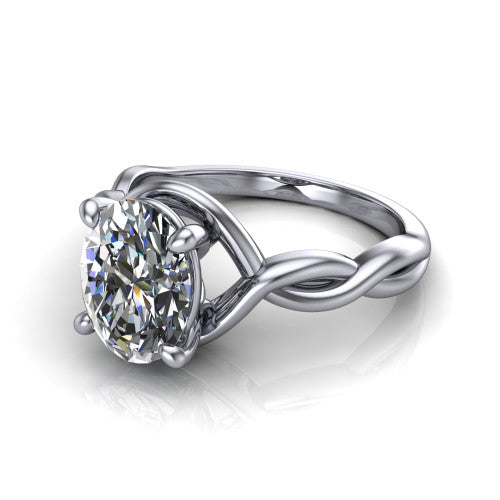 Norah oval classic engagement ring in 18K White Gold, three-quarter perspective showing the oval center diamond above a twisted infinity love-knot band