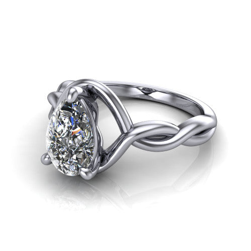 Norah pear classic engagement ring in Platinum, three-quarter perspective showing the pear center diamond above a twisted infinity love-knot band