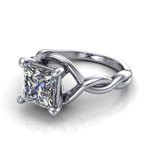 Norah princess-cut classic engagement ring in 14K White Gold, three-quarter perspective showing the princess-cut center diamond above a twisted infinity love-knot band