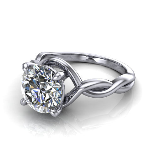 Norah round classic engagement ring in 14K White Gold, three-quarter perspective showing the round center diamond above a twisted infinity love-knot band