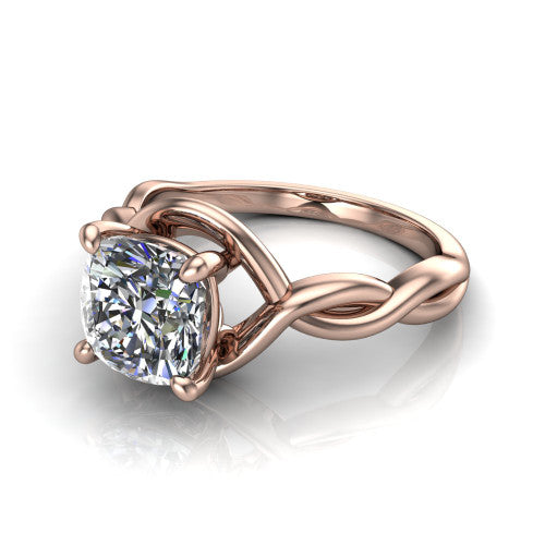 Norah cushion classic engagement ring in 18K Rose Gold, three-quarter perspective showing the cushion center diamond above a twisted infinity love-knot band