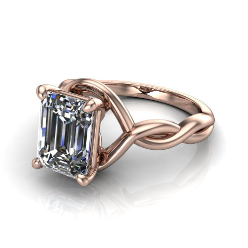 Norah emerald-cut classic engagement ring in 14K Rose Gold, three-quarter perspective showing the emerald-cut center diamond above a twisted infinity love-knot band