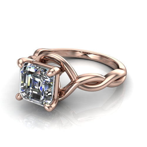 Norah square emerald-cut classic engagement ring in 18K Rose Gold, three-quarter perspective showing the square emerald-cut center diamond above a twisted infinity love-knot band