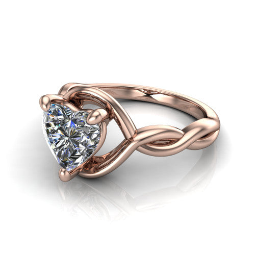 Norah heart classic engagement ring in 14K Rose Gold, three-quarter perspective showing the heart center diamond above a twisted infinity love-knot band