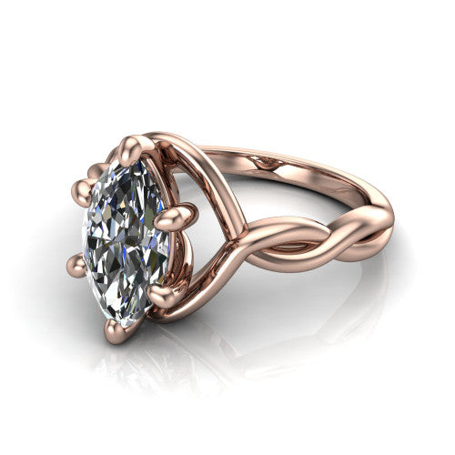 Norah marquise classic engagement ring in 14K Rose Gold, three-quarter perspective showing the marquise center diamond above a twisted infinity love-knot band
