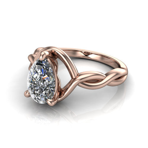 Norah pear classic engagement ring in 18K Rose Gold, three-quarter perspective showing the pear center diamond above a twisted infinity love-knot band