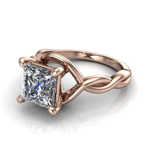 Norah princess-cut classic engagement ring in 18K Rose Gold, three-quarter perspective showing the princess-cut center diamond above a twisted infinity love-knot band