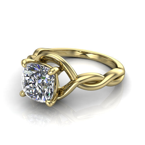 Norah cushion classic engagement ring in 14K Yellow Gold, three-quarter perspective showing the cushion center diamond above a twisted infinity love-knot band