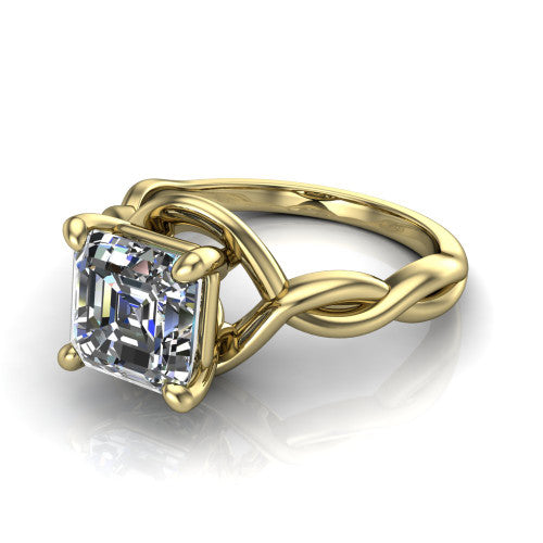Norah square emerald-cut classic engagement ring in 14K Yellow Gold, three-quarter perspective showing the square emerald-cut center diamond above a twisted infinity love-knot band