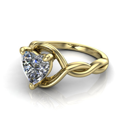 Norah heart classic engagement ring in 14K Yellow Gold, three-quarter perspective showing the heart center diamond above a twisted infinity love-knot band