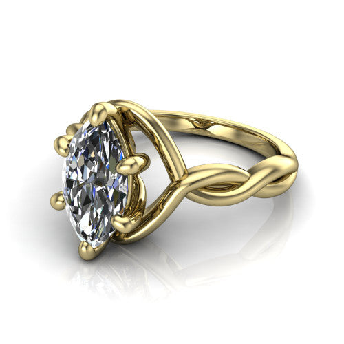 Norah marquise classic engagement ring in 14K Yellow Gold, three-quarter perspective showing the marquise center diamond above a twisted infinity love-knot band