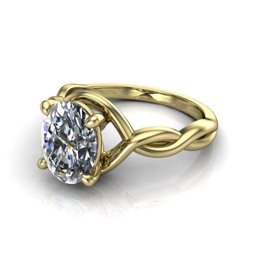 Norah oval classic engagement ring in 14K Yellow Gold, three-quarter perspective showing the oval center diamond above a twisted infinity love-knot band