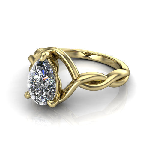 Norah pear classic engagement ring in 14K Yellow Gold, three-quarter perspective showing the pear center diamond above a twisted infinity love-knot band