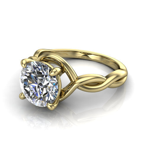 Norah round classic engagement ring in 14K Yellow Gold, three-quarter perspective showing the round center diamond above a twisted infinity love-knot band