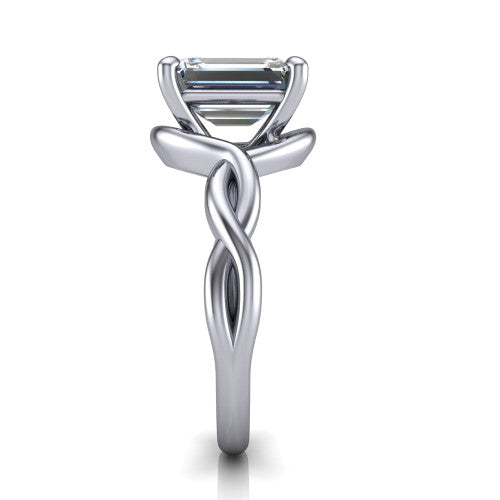 Norah emerald-cut classic engagement ring in Platinum, side profile showing the love-knot shank and polished profile in side view