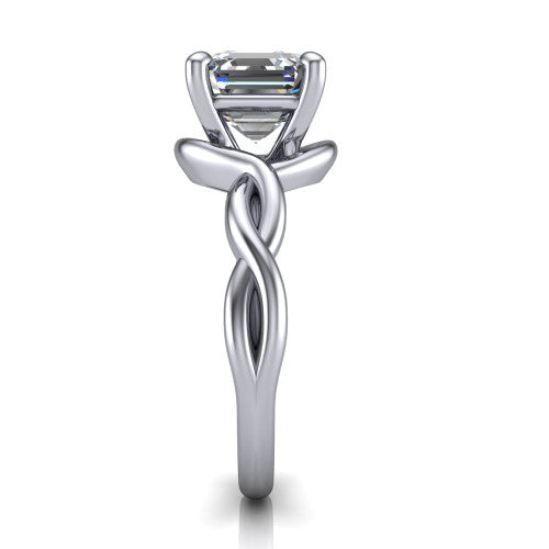 Norah square emerald-cut classic engagement ring in Platinum, side profile showing the love-knot shank and polished profile in side view