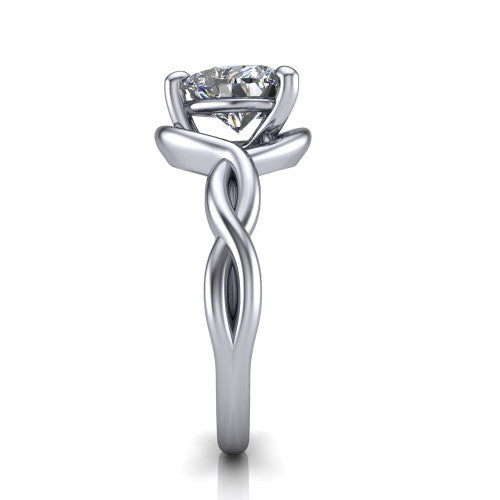 Norah heart classic engagement ring in 18K White Gold, side profile showing the love-knot shank and polished profile in side view