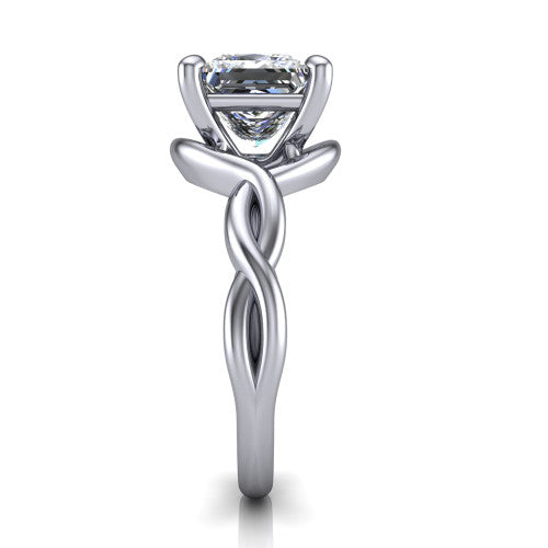 Norah princess-cut classic engagement ring in Platinum, side profile showing the love-knot shank and polished profile in side view