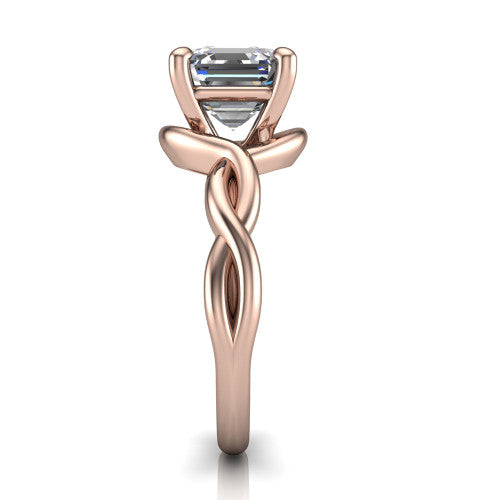 Norah square emerald-cut classic engagement ring in 14K Rose Gold, side profile showing the love-knot shank and polished profile in side view