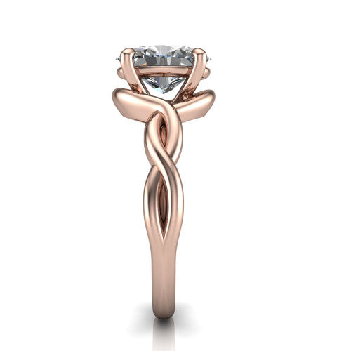 Norah oval classic engagement ring in 14K Rose Gold, side profile showing the love-knot shank and polished profile in side view