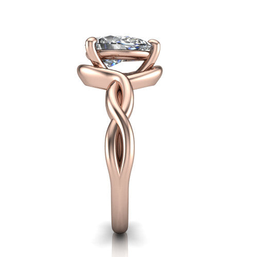 Norah pear classic engagement ring in 14K Rose Gold, side profile showing the love-knot shank and polished profile in side view