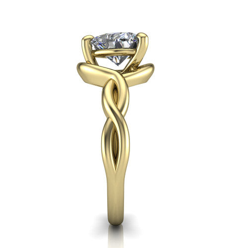 Norah heart classic engagement ring in 14K Yellow Gold, side profile showing the love-knot shank and polished profile in side view