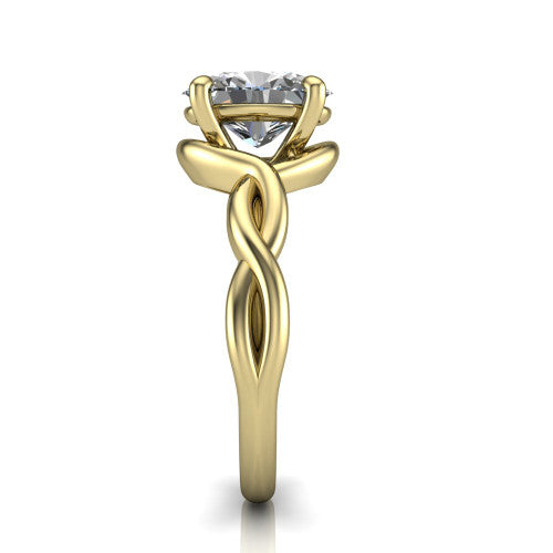 Norah oval classic engagement ring in 18K Yellow Gold, side profile showing the love-knot shank and polished profile in side view