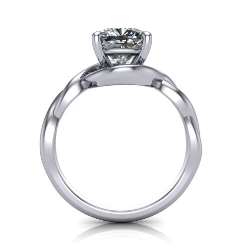 Norah cushion classic engagement ring in 18K White Gold, through-finger front profile showing the twisted infinity band and open gallery from the front