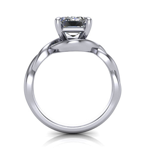Norah emerald-cut classic engagement ring in 14K White Gold, through-finger front profile showing the twisted infinity band and open gallery from the front