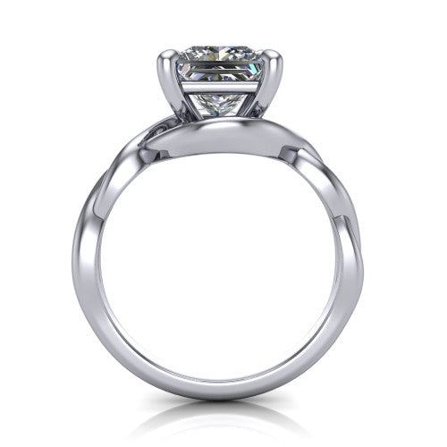 Norah princess-cut classic engagement ring in 14K White Gold, through-finger front profile showing the twisted infinity band and open gallery from the front
