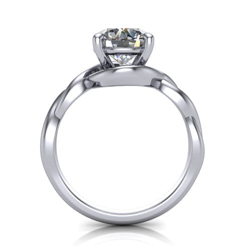 Norah round classic engagement ring in Platinum, through-finger front profile showing the twisted infinity band and open gallery from the front