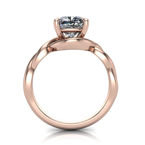 Norah cushion classic engagement ring in 14K Rose Gold, through-finger front profile showing the twisted infinity band and open gallery from the front