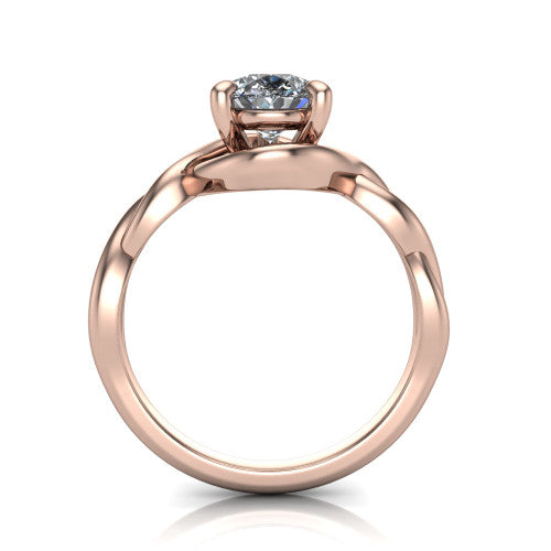 Norah pear classic engagement ring in 18K Rose Gold, through-finger front profile showing the twisted infinity band and open gallery from the front