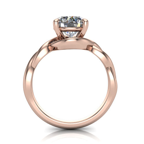 Norah round classic engagement ring in 18K Rose Gold, through-finger front profile showing the twisted infinity band and open gallery from the front