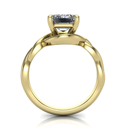 Norah emerald-cut classic engagement ring in 18K Yellow Gold, through-finger front profile showing the twisted infinity band and open gallery from the front