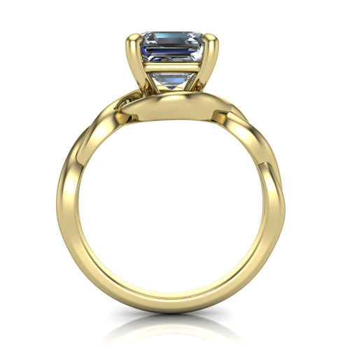 Norah square emerald-cut classic engagement ring in 14K Yellow Gold, through-finger front profile showing the twisted infinity band and open gallery from the front