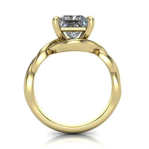 Norah princess-cut classic engagement ring in 18K Yellow Gold, through-finger front profile showing the twisted infinity band and open gallery from the front